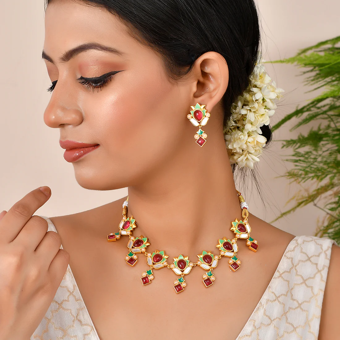 Forever More Green Enamel Floral Pink Stones and Pearls Jewellery Set - Image 2