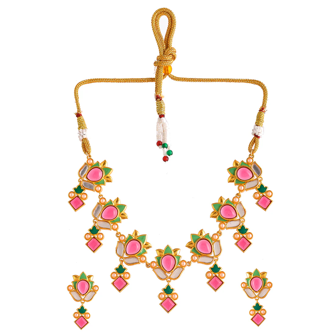 Forever More Green Enamel Floral Pink Stones and Pearls Jewellery Set - Image 3