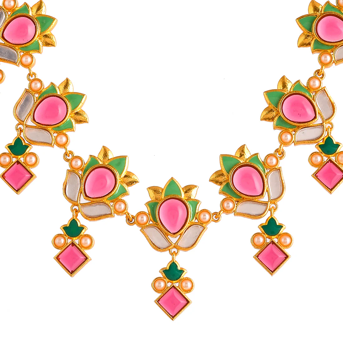Forever More Green Enamel Floral Pink Stones and Pearls Jewellery Set - Image 4