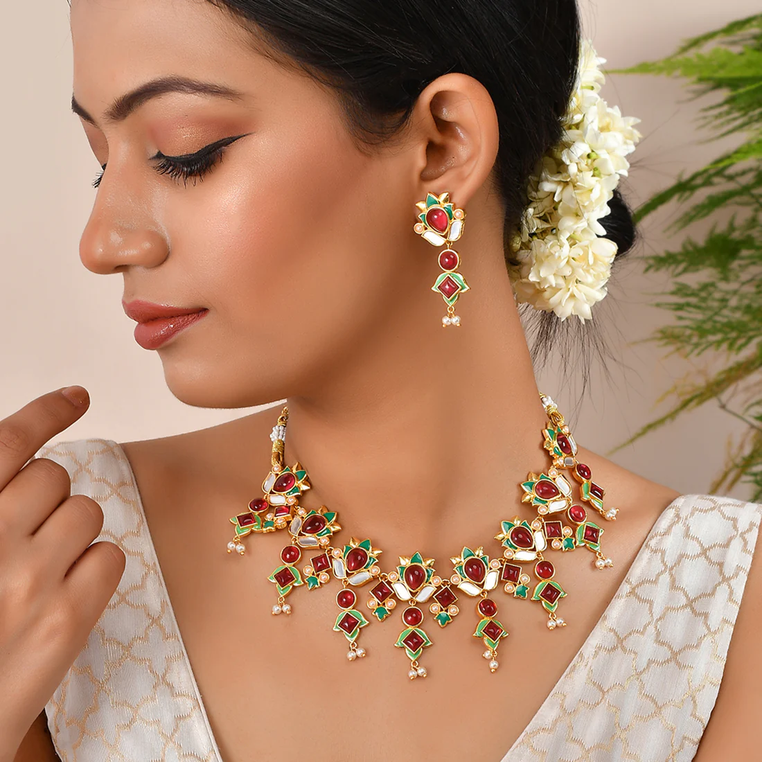 Forever More Green Enamel Tulips Red Stones and Pearls Jewellery Set - Image 2