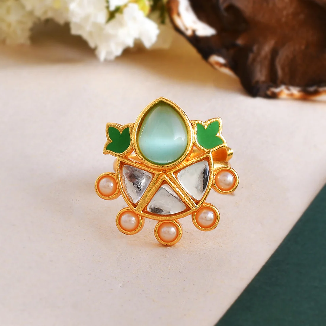 Forever More Green Enamel White Pearls Floral Ring