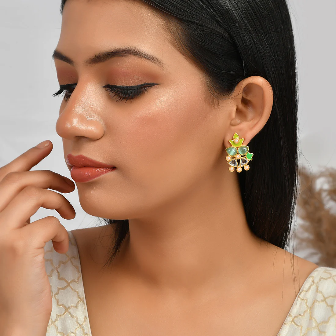 Forever More Green Enamel White Pearls Tulips Earrings - Image 2