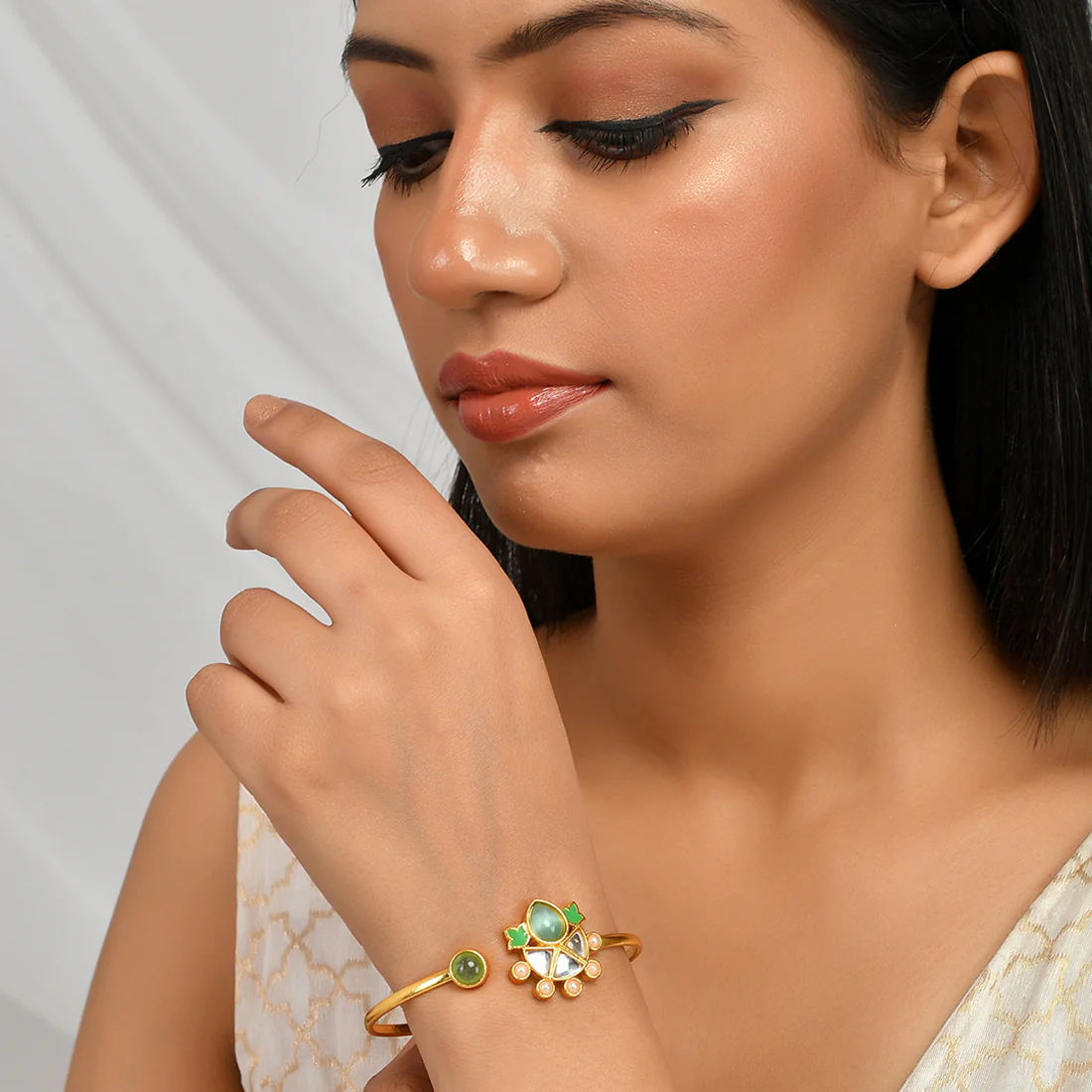 Forever More Green Enamelled Floral Pearls and Green Stones Bracelet - Image 2