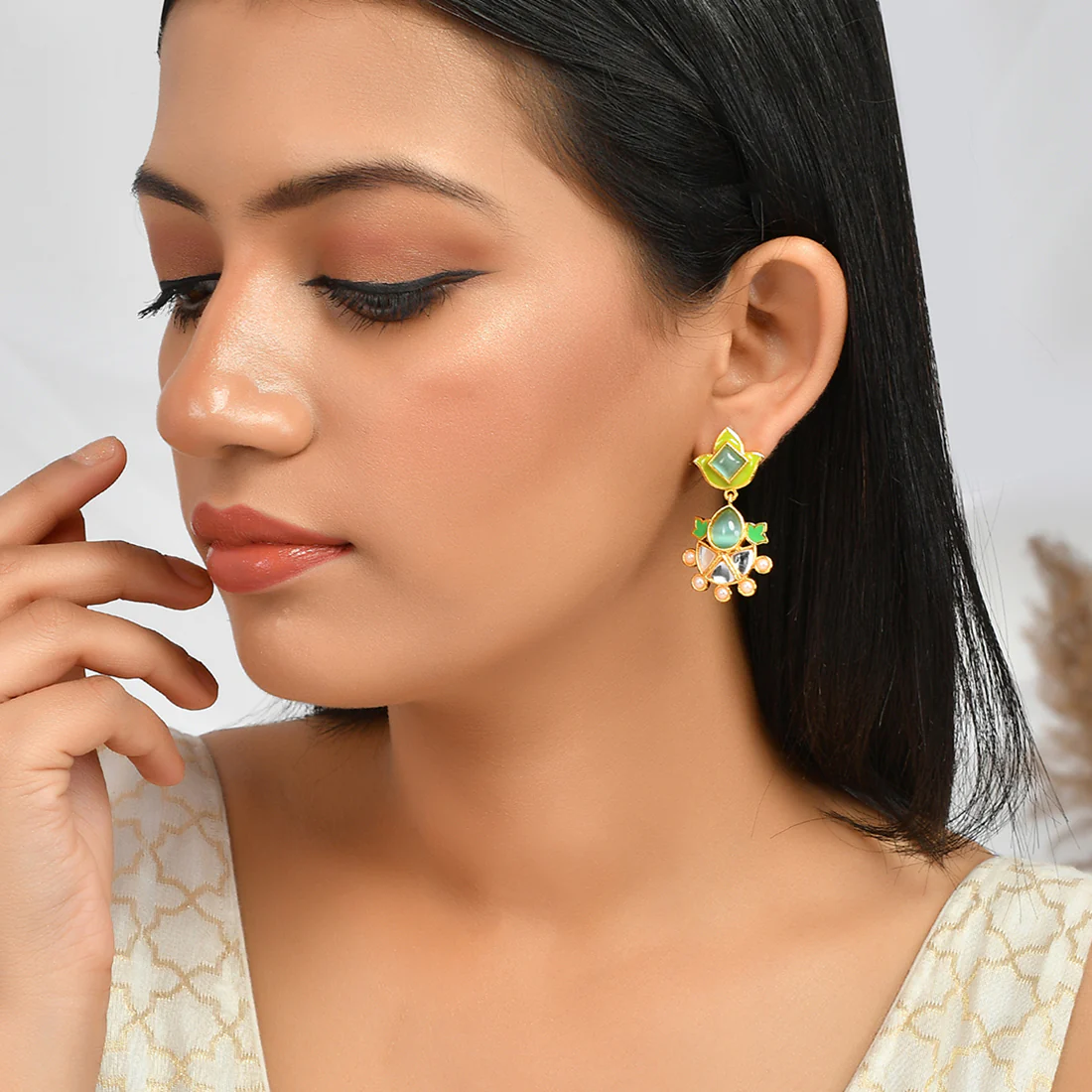 Forever More Green Enamelled Floral Pearls and Green Stones Earrings - Image 2