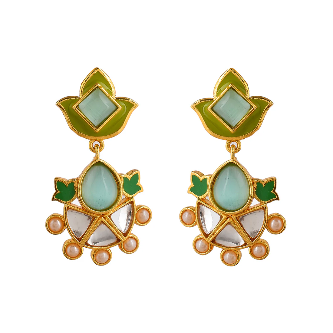 Forever More Green Enamelled Floral Pearls and Green Stones Earrings - Image 3