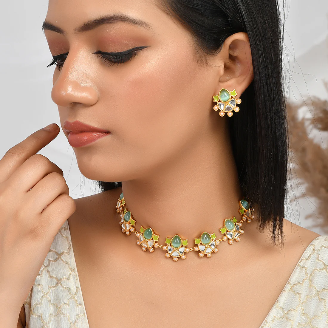 Forever More Green Enamelled Floral Pearls and Green Stones Jewellery Set - Image 2