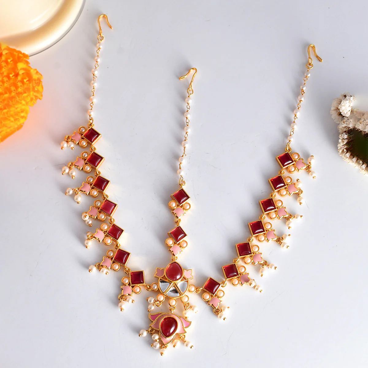 Forever More Pink Beaded Lotus Maangtika