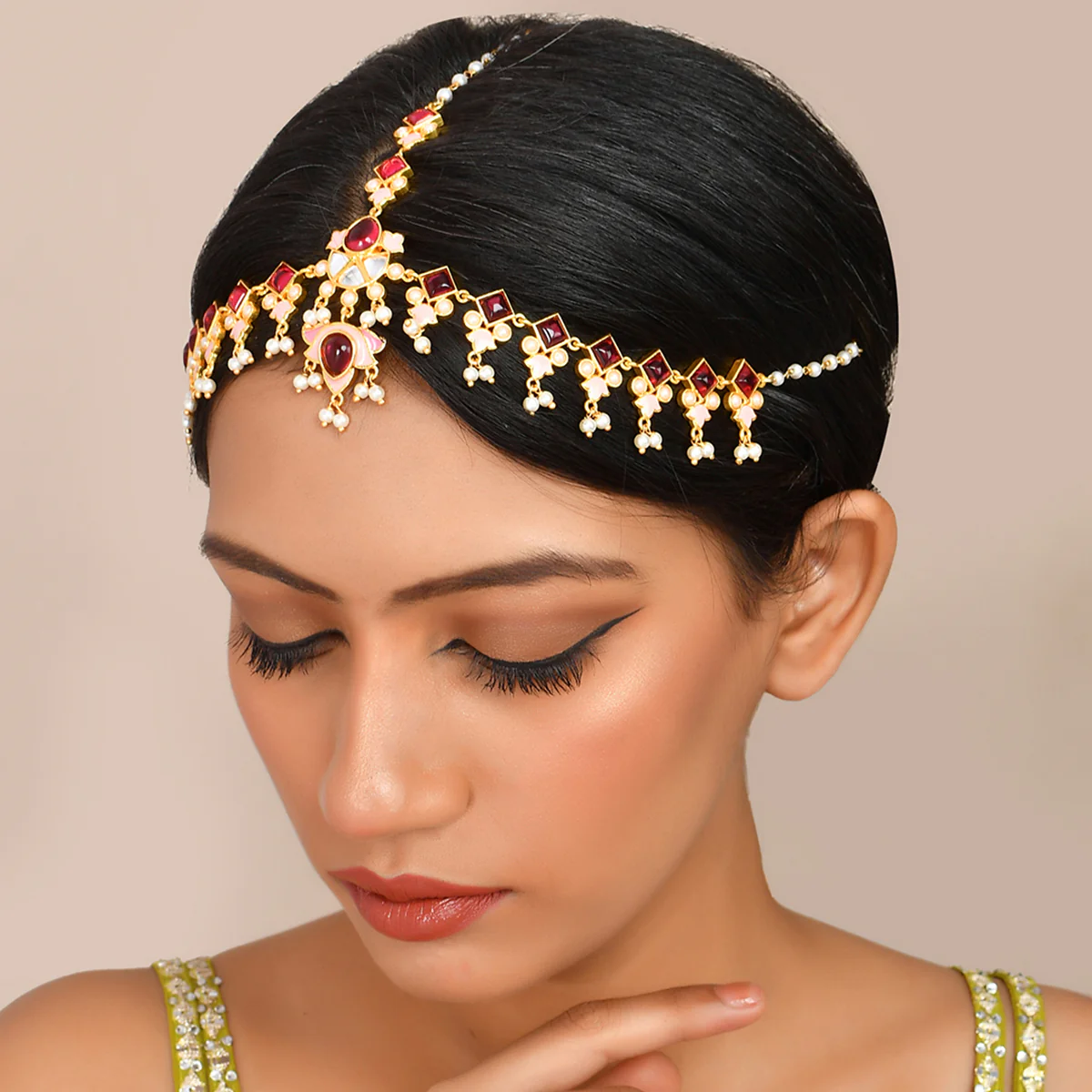 Forever More Pink Beaded Lotus Maangtika - Image 2