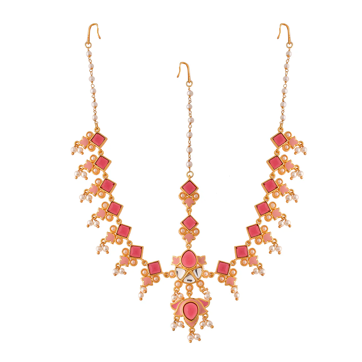 Forever More Pink Beaded Lotus Maangtika - Image 3