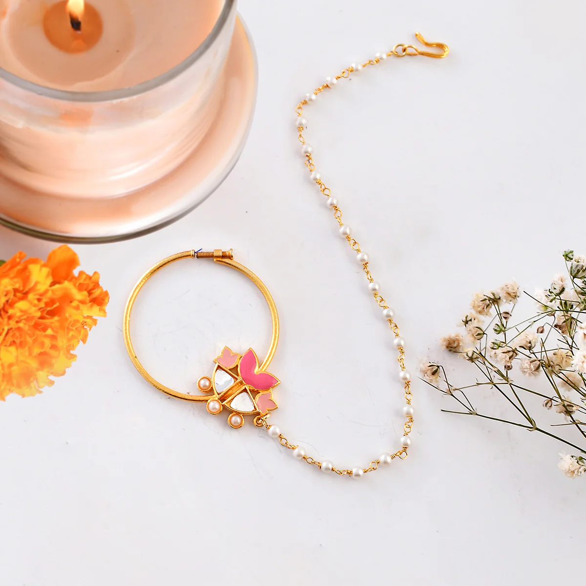 Forever More Pink Enamel Floral Motif Non-Piercing Nose Ring
