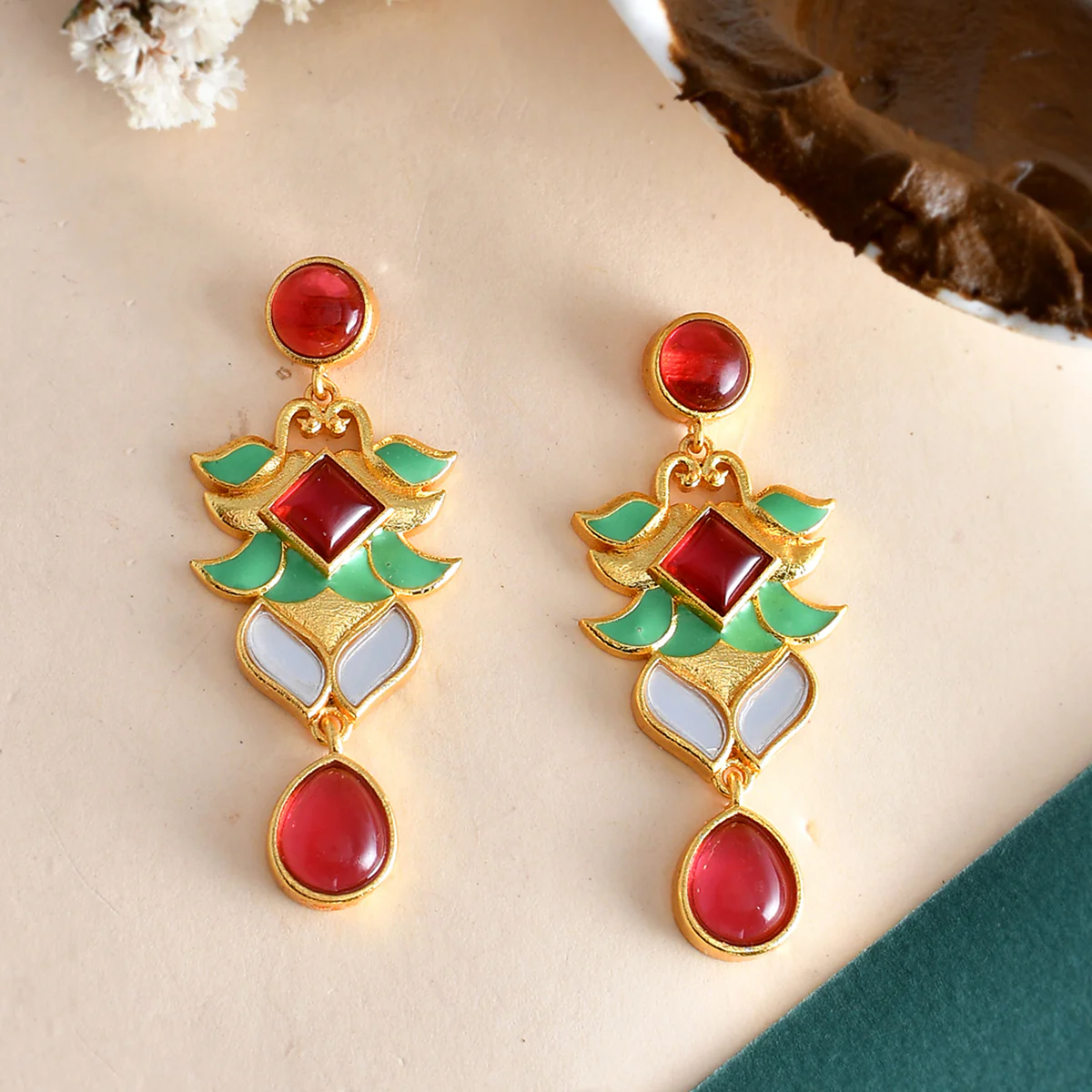 Forever More Pink Green Lotus Drop Earrings