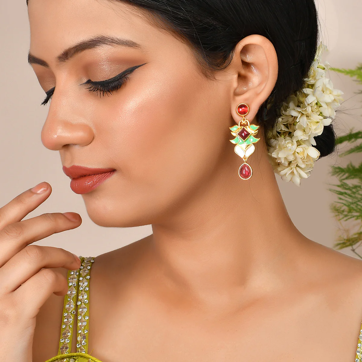 Forever More Pink Green Lotus Drop Earrings - Image 2