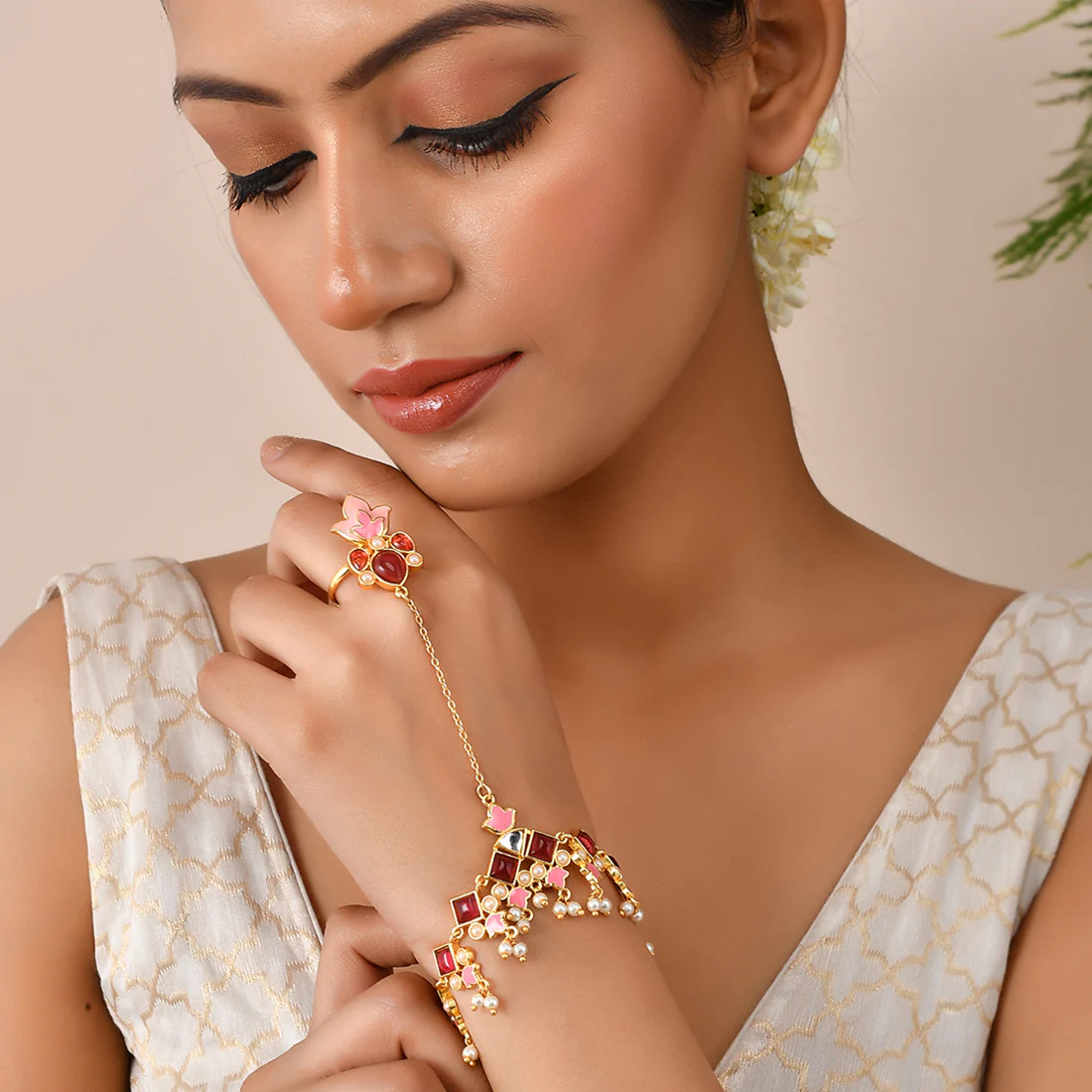 Forever More Pink Stones and Pearls Enamelled Floral Hath Phool - Image 2