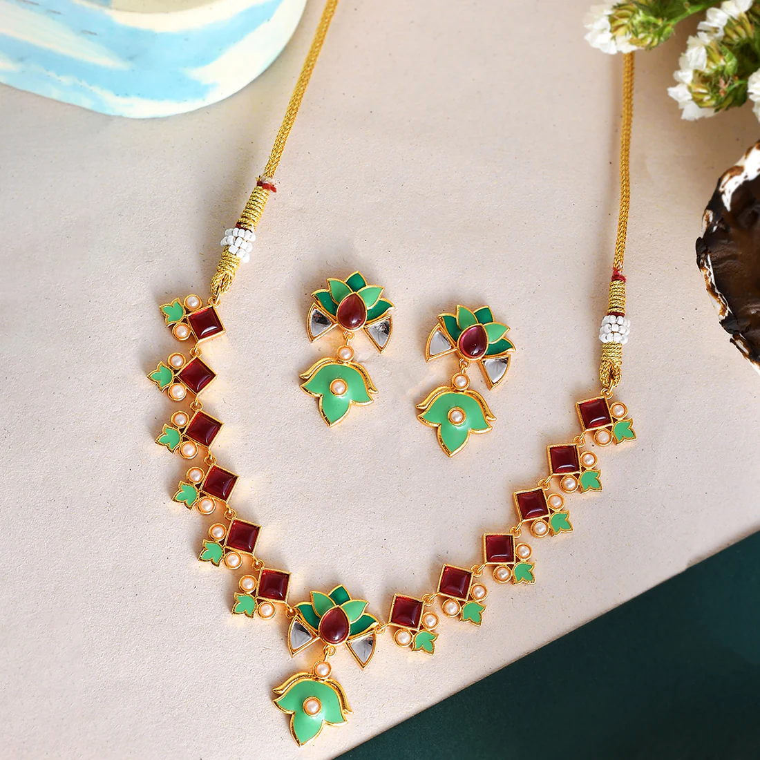 Forever More Pink Stones and Pearls Green Enamel Jewellery Set
