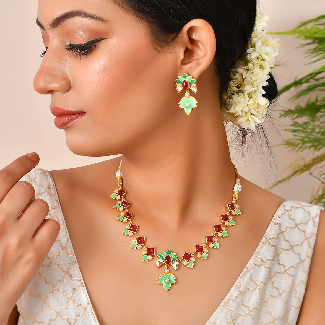 Forever More Pink Stones and Pearls Green Enamel Jewellery Set - Image 2
