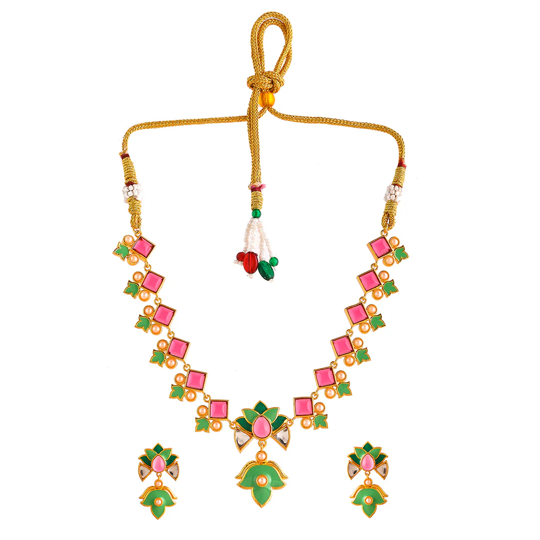 Forever More Pink Stones and Pearls Green Enamel Jewellery Set - Image 3