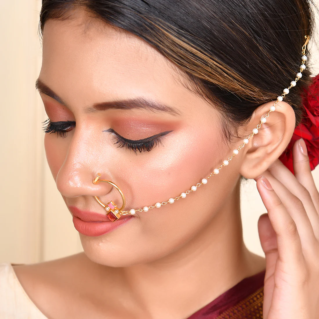 Forever More Tulip Motif White Pearls Non-Piercing Nose Ring - Image 2
