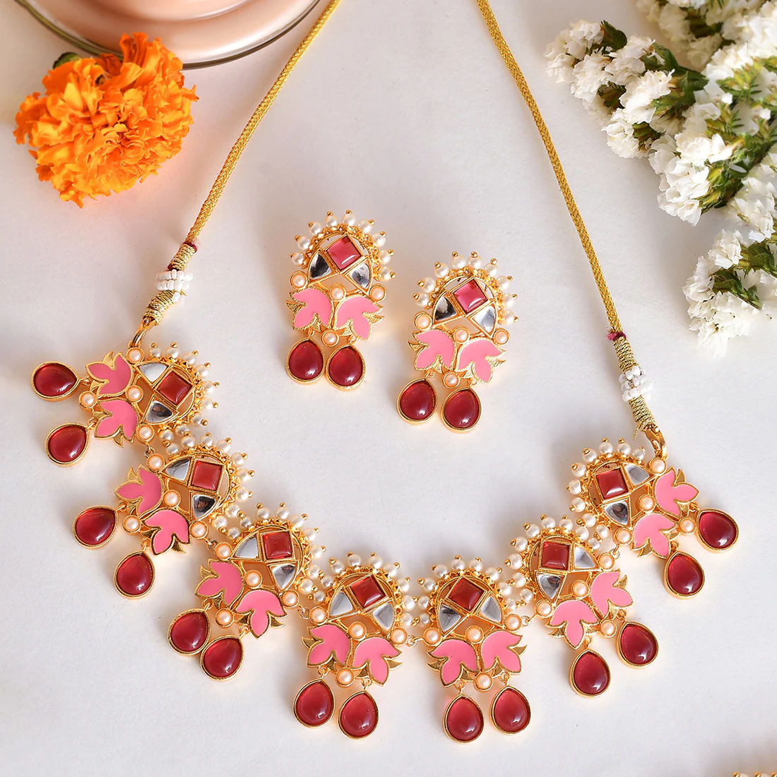 Forever More Tulips Enamelled White Pearls Jewellery Set - Image 2