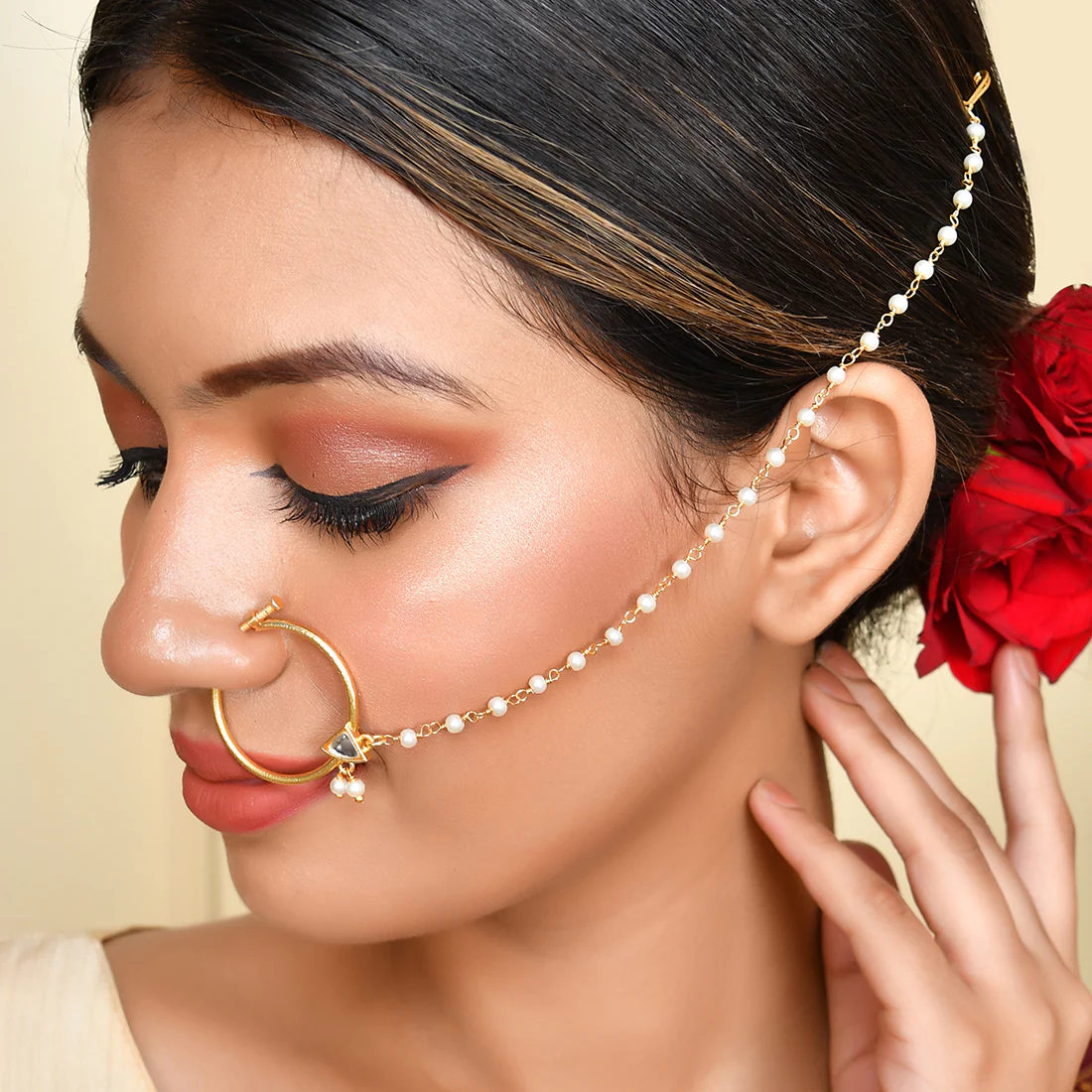 Forever More White Pearl Beads Non-Piercing Sahara Nose Ring - Image 2