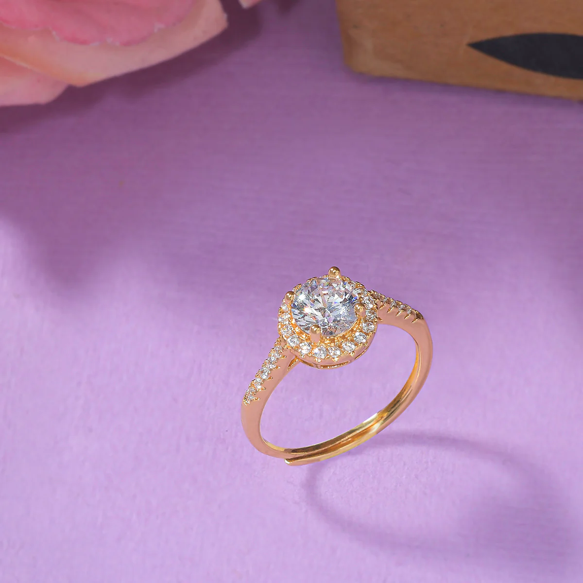 Four Prong Setting Deep Set Zircon Gold Plated Brass Ring