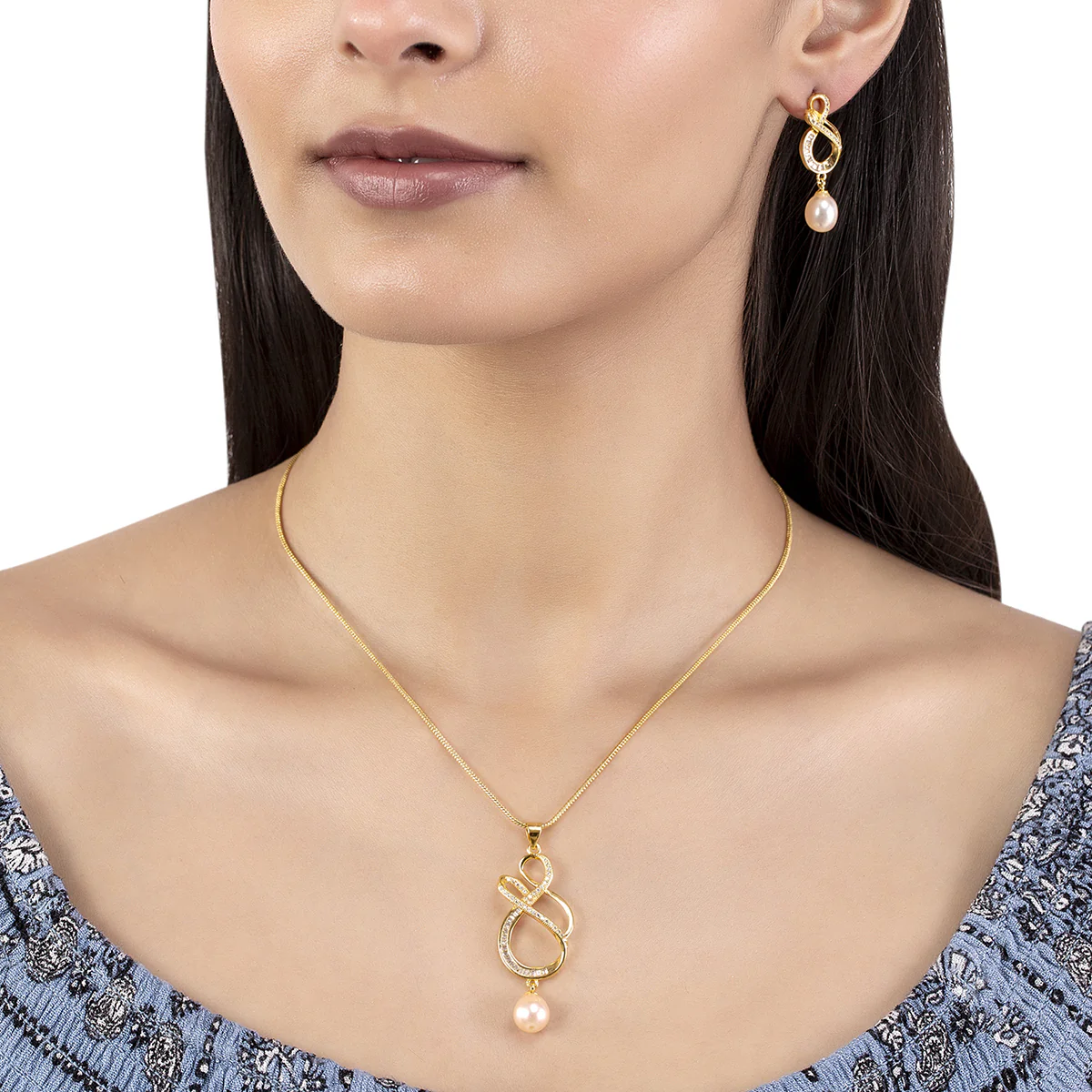 Generic Infinity American Diamond Pearl Pendant Set - Image 2