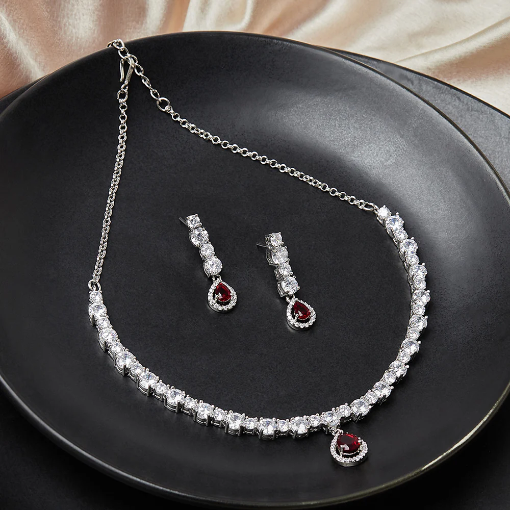 Generic Silver Plated Red Ruby Necklace Set