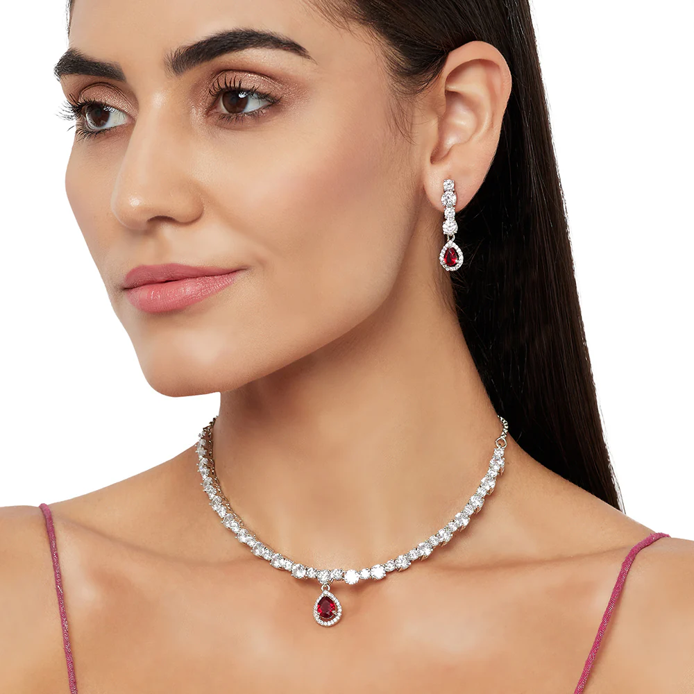 Generic Silver Plated Red Ruby Necklace Set - Image 2
