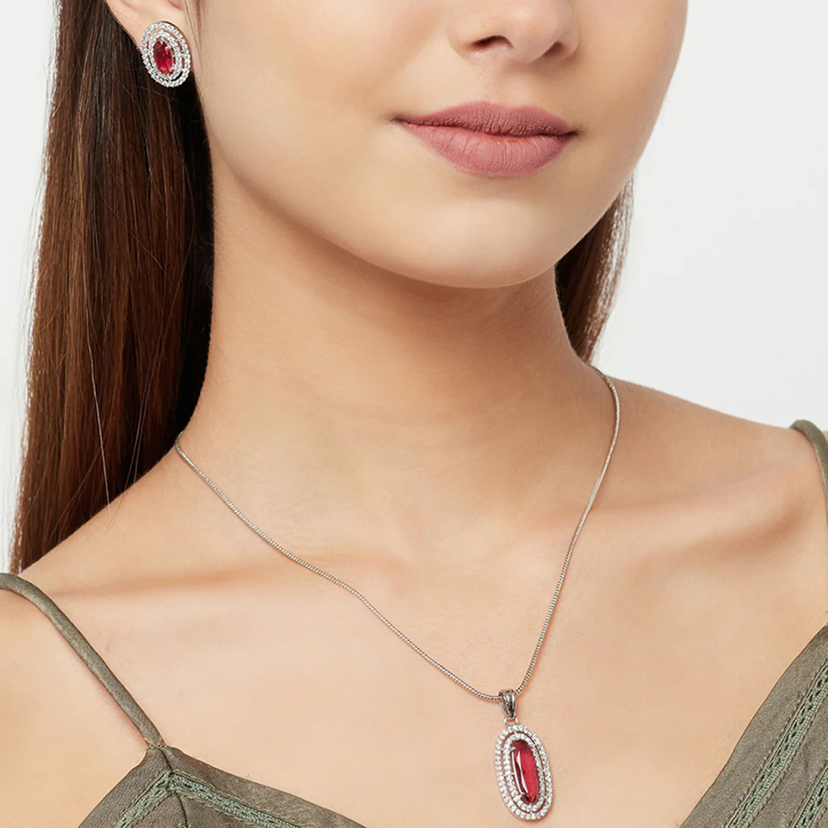 Sparkling Elegance Red Stone Silver Plated Pendant Set - Image 2