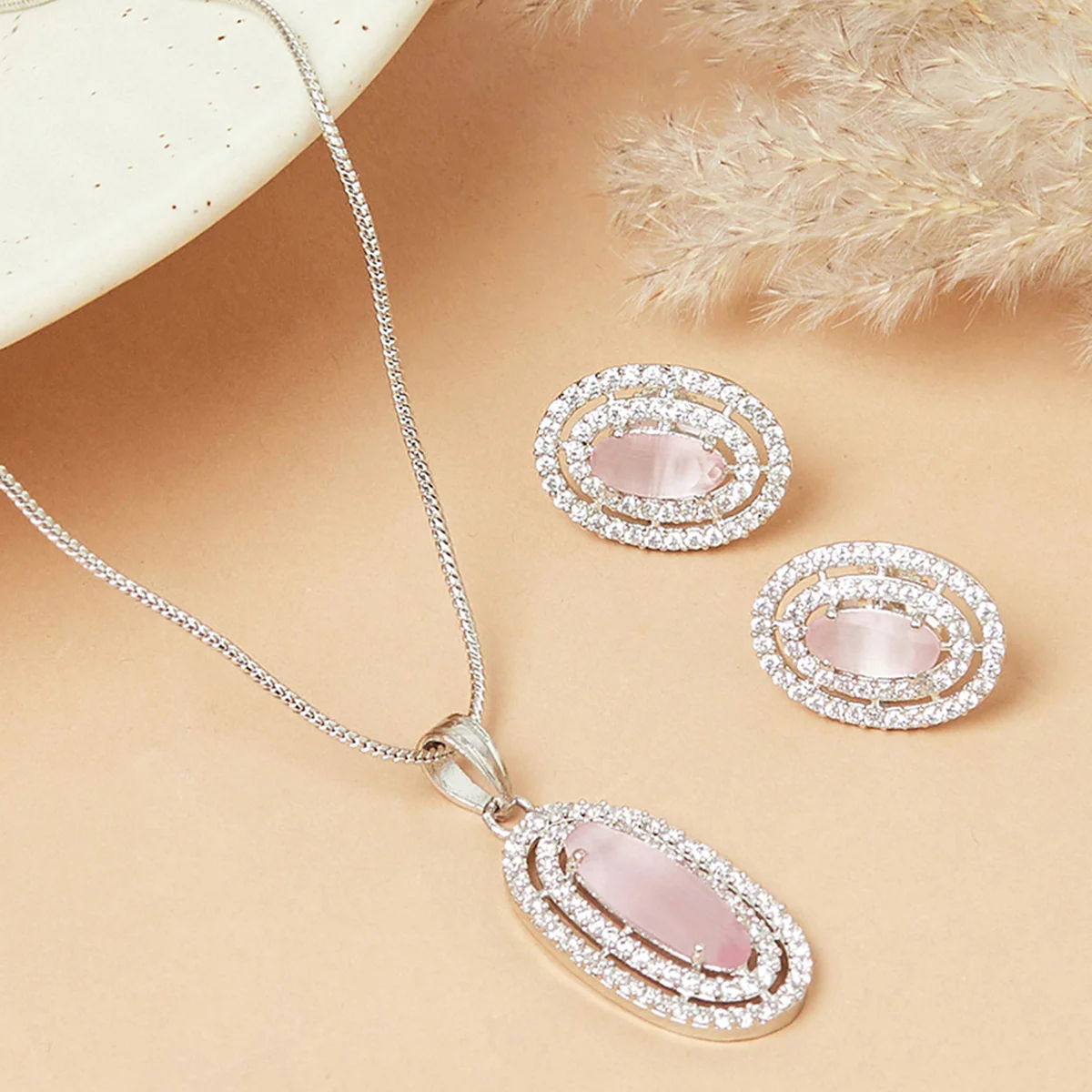 Sparkling Elegance Pink Stones Pendant Set