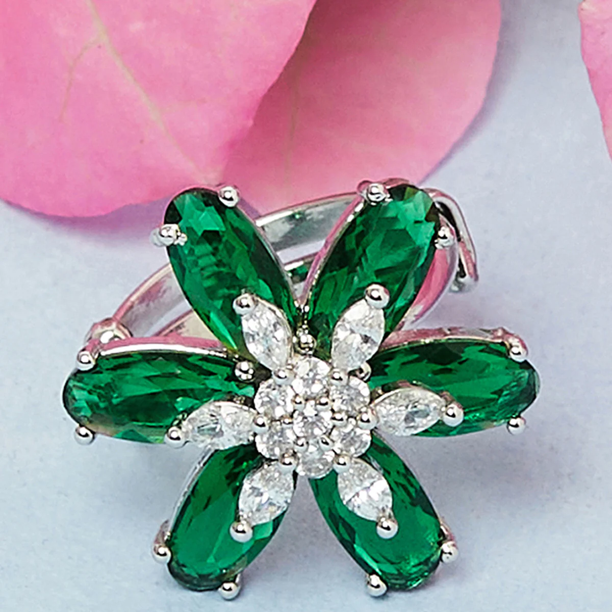 Sparkling Elegance Green Stones Floral Ring