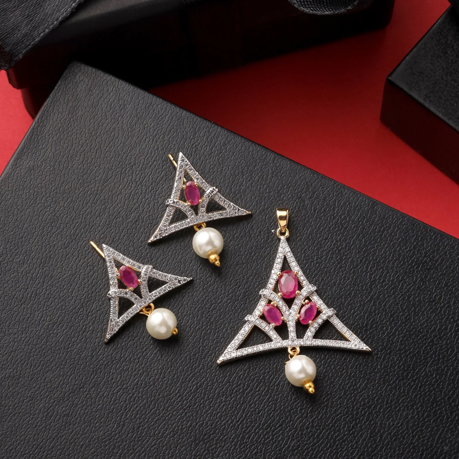 Geometric Pink CZ Pendant Set