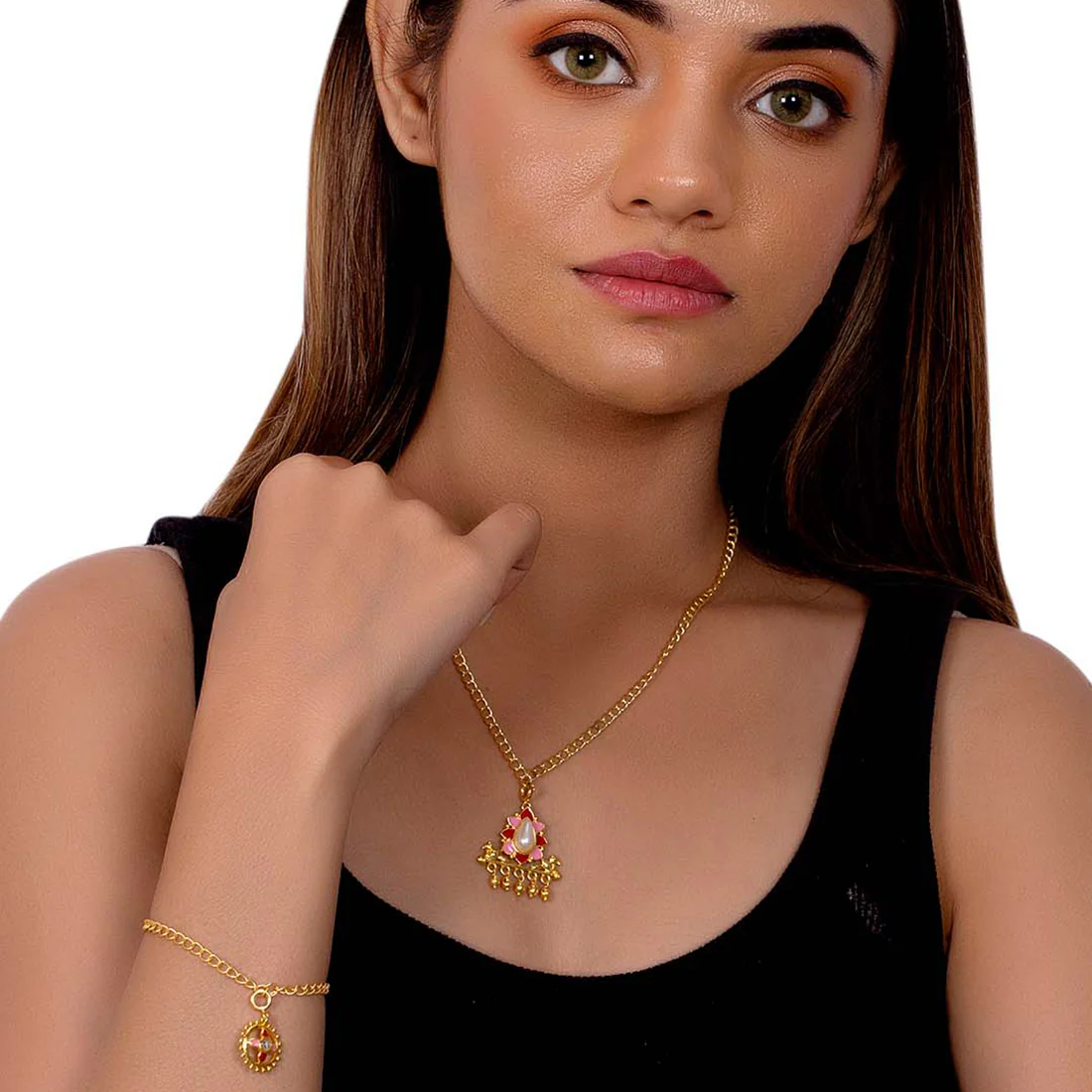 Ghungroo Drop Enameled Charms Pendant With Chain and Bracelets - Image 2
