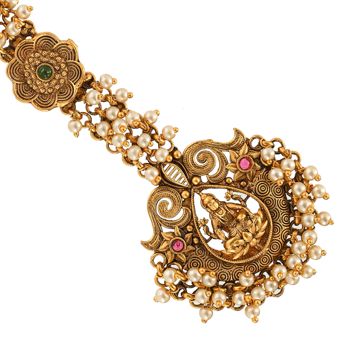 Goddess Lakshmi Motif Faux Pearls Brass Temple Maang Tika - Image 3