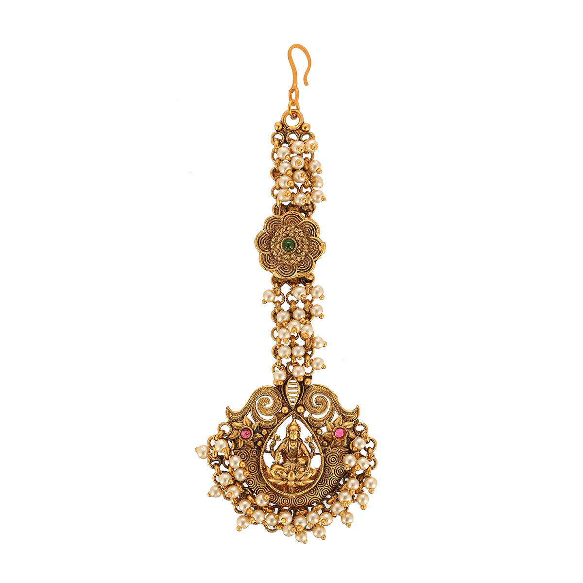 Goddess Lakshmi Motif Faux Pearls Brass Temple Maang Tika - Image 4