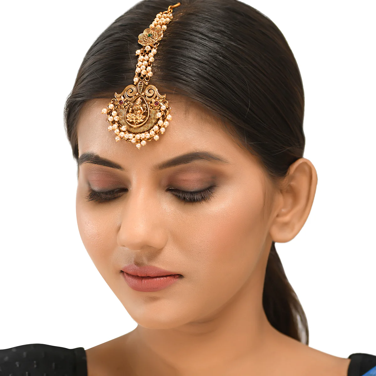Goddess Lakshmi Motif Faux Pearls Brass Temple Maang Tika - Image 5
