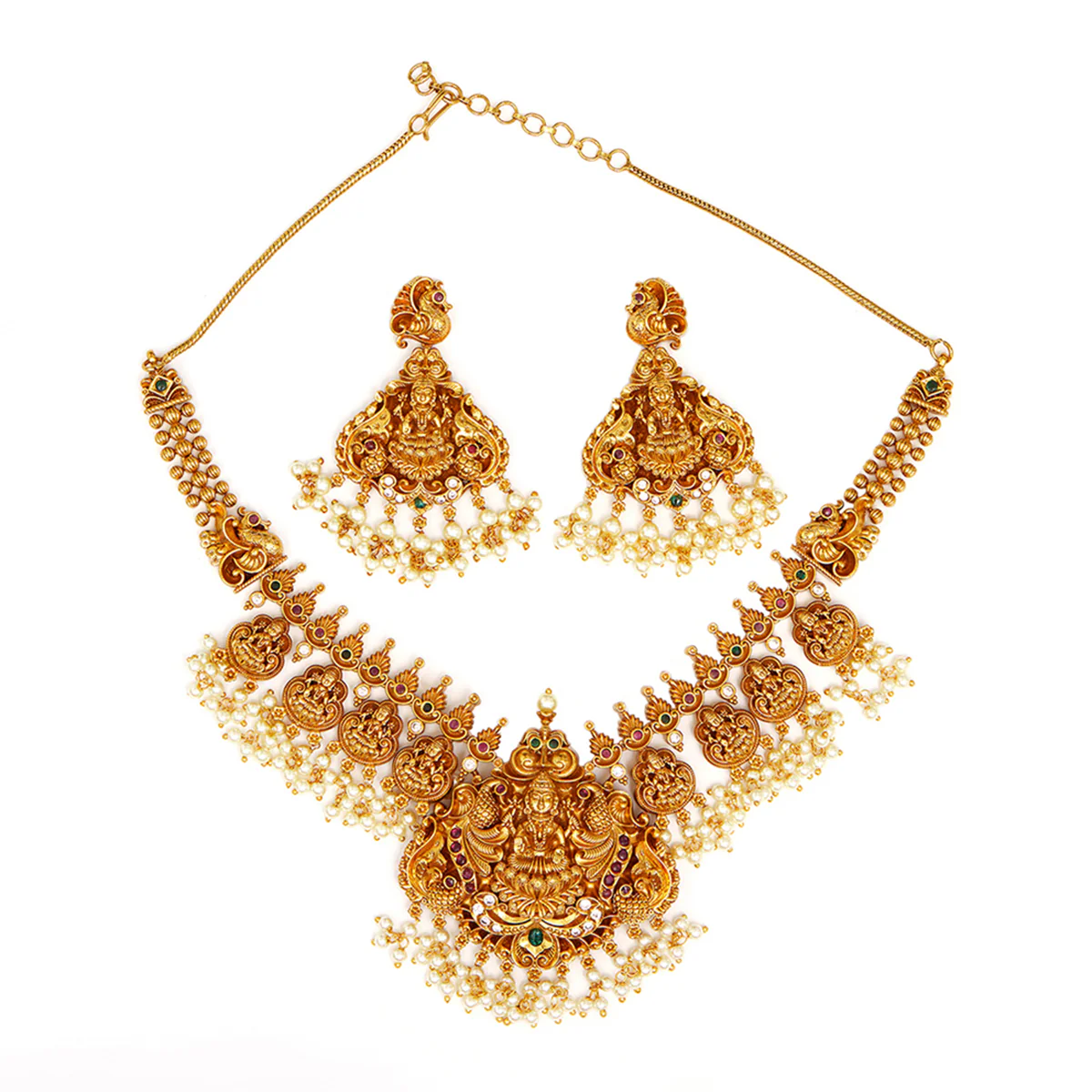 Goddess Lakshmi Temple Design Brass Gold Toned Faux Pearls Adorned Jewellery Set - Image 3
