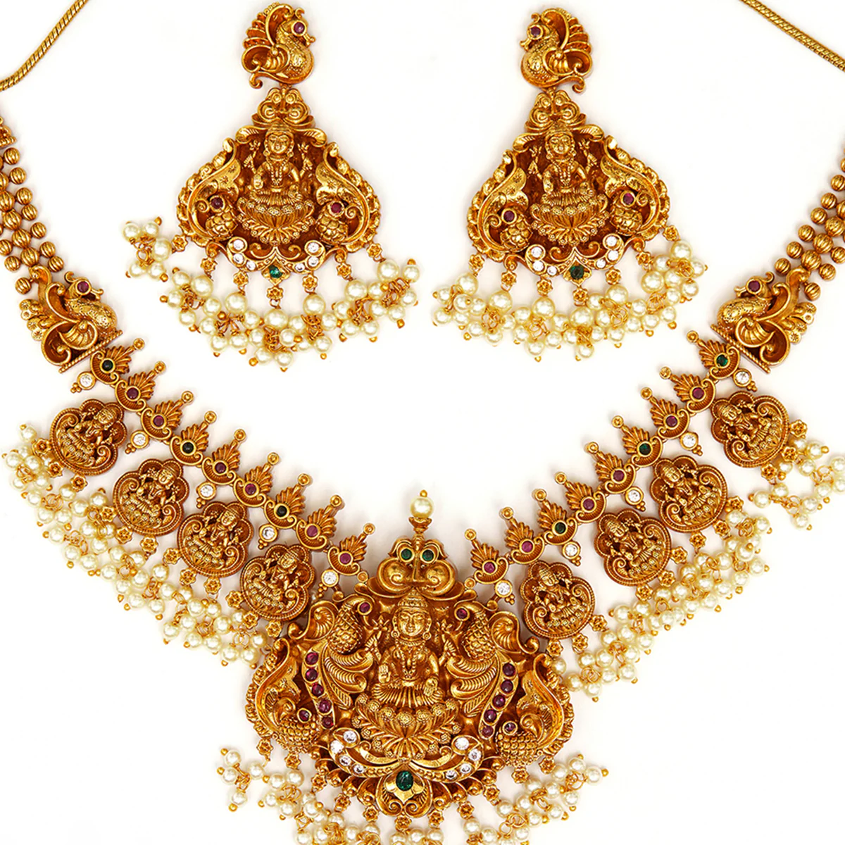 Goddess Lakshmi Temple Design Brass Gold Toned Faux Pearls Adorned Jewellery Set - Image 4