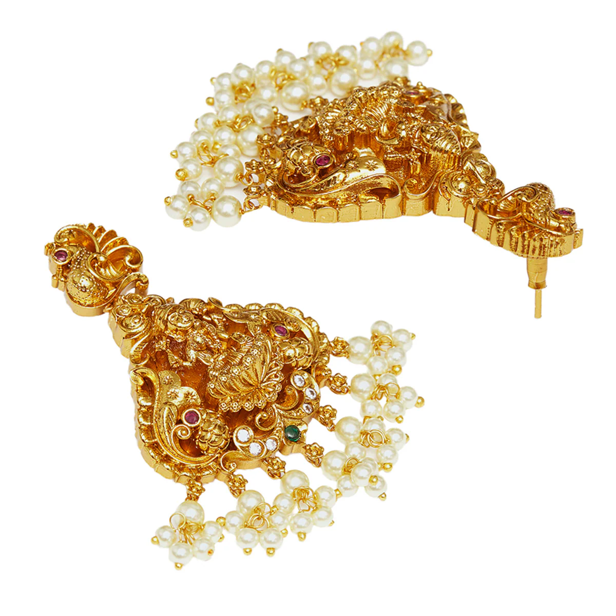 Goddess Lakshmi Temple Design Brass Gold Toned Faux Pearls Adorned Jewellery Set - Image 5