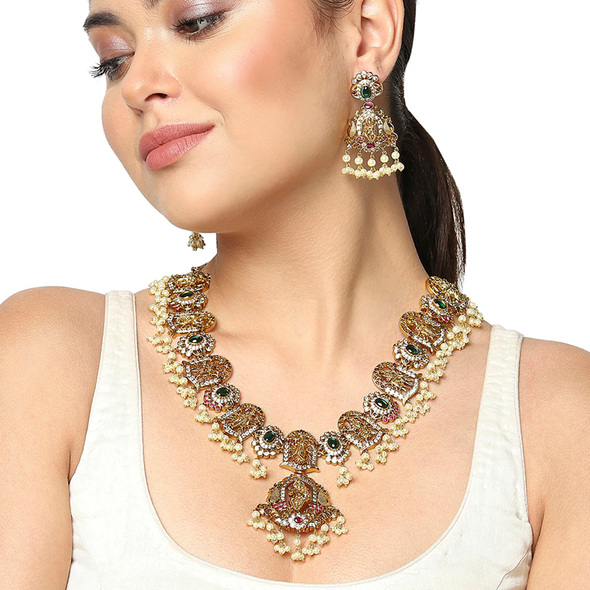 Goddess Motif Heavily Embellished Brass Yellow Gold Plated Temple Jewellery Set - Image 2