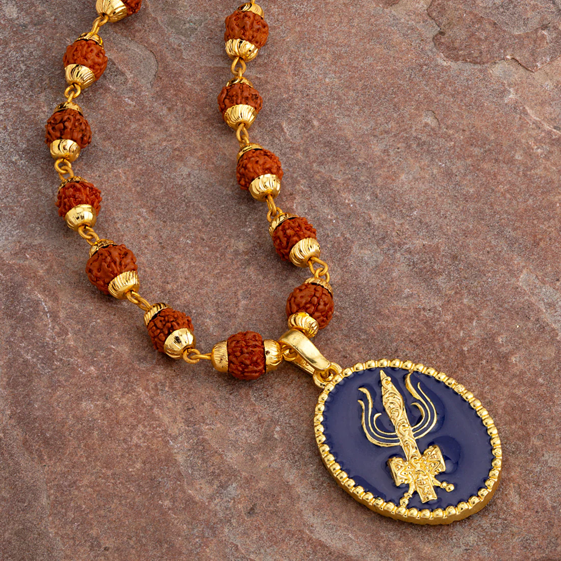 Gold Capped Rudraksha and Trident Pendant Necklace