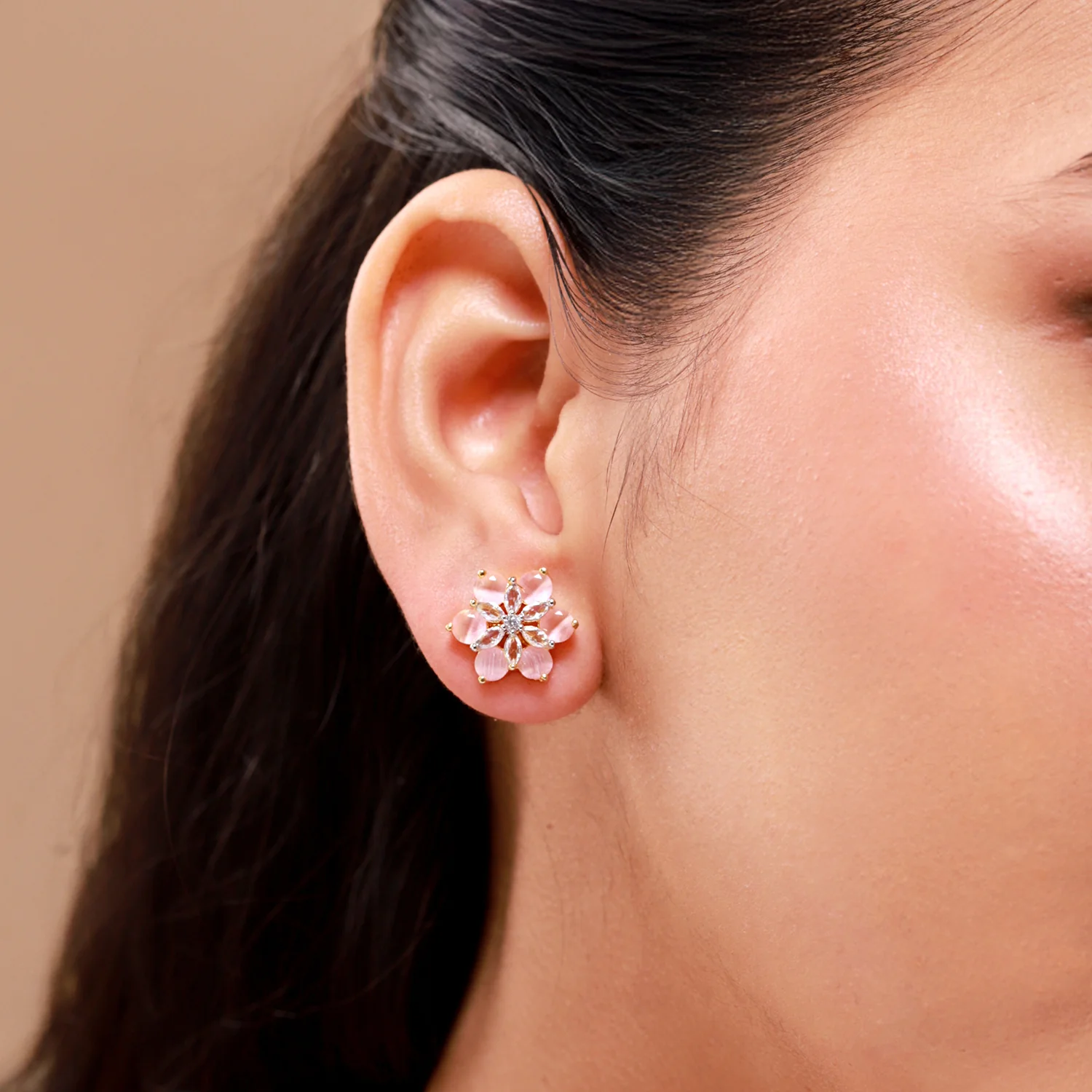 Gold Elegance Blush Bloom Cz Stud Earrings - Image 2