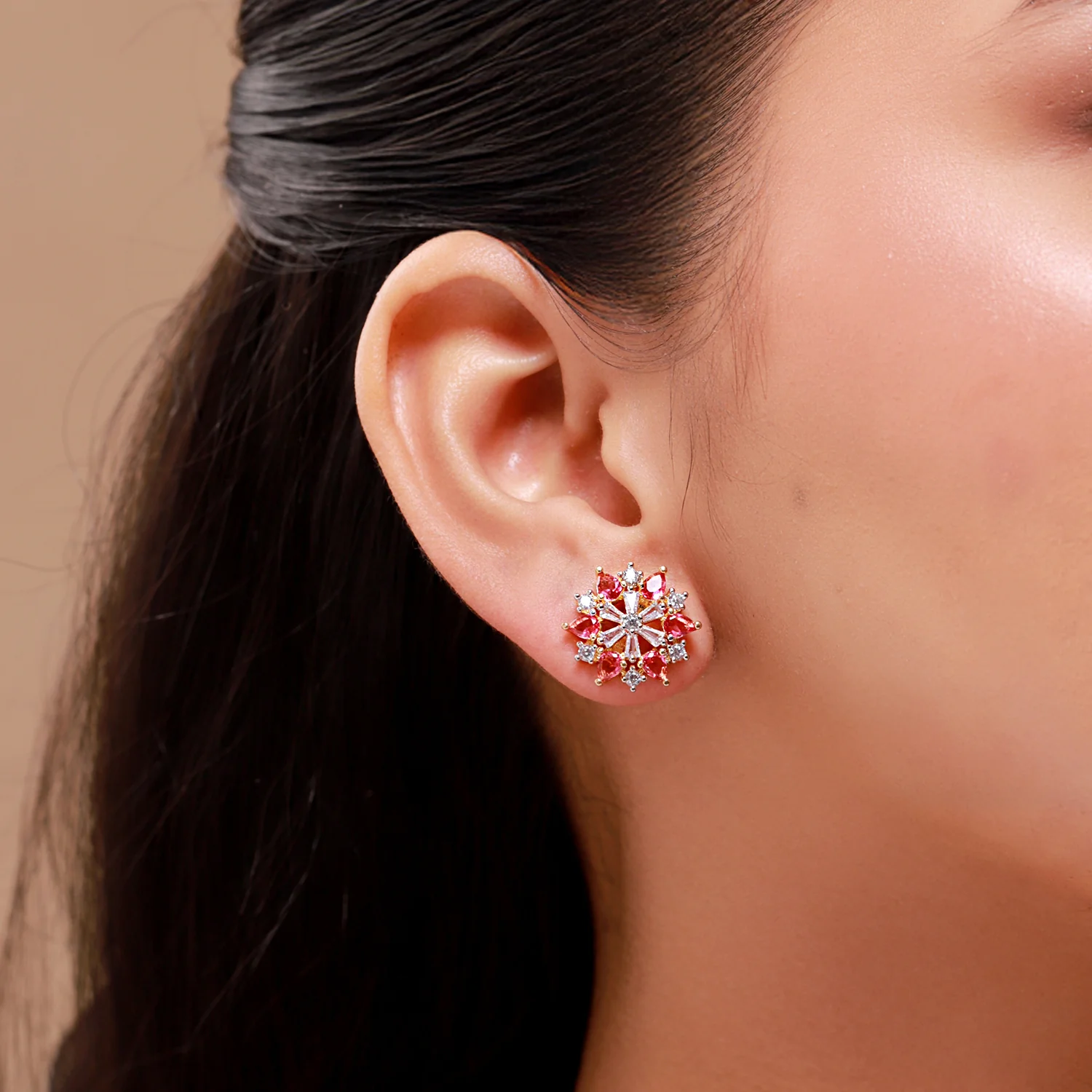 Gold Elegance Crimson Halo Bloom Stud Earrings - Image 2