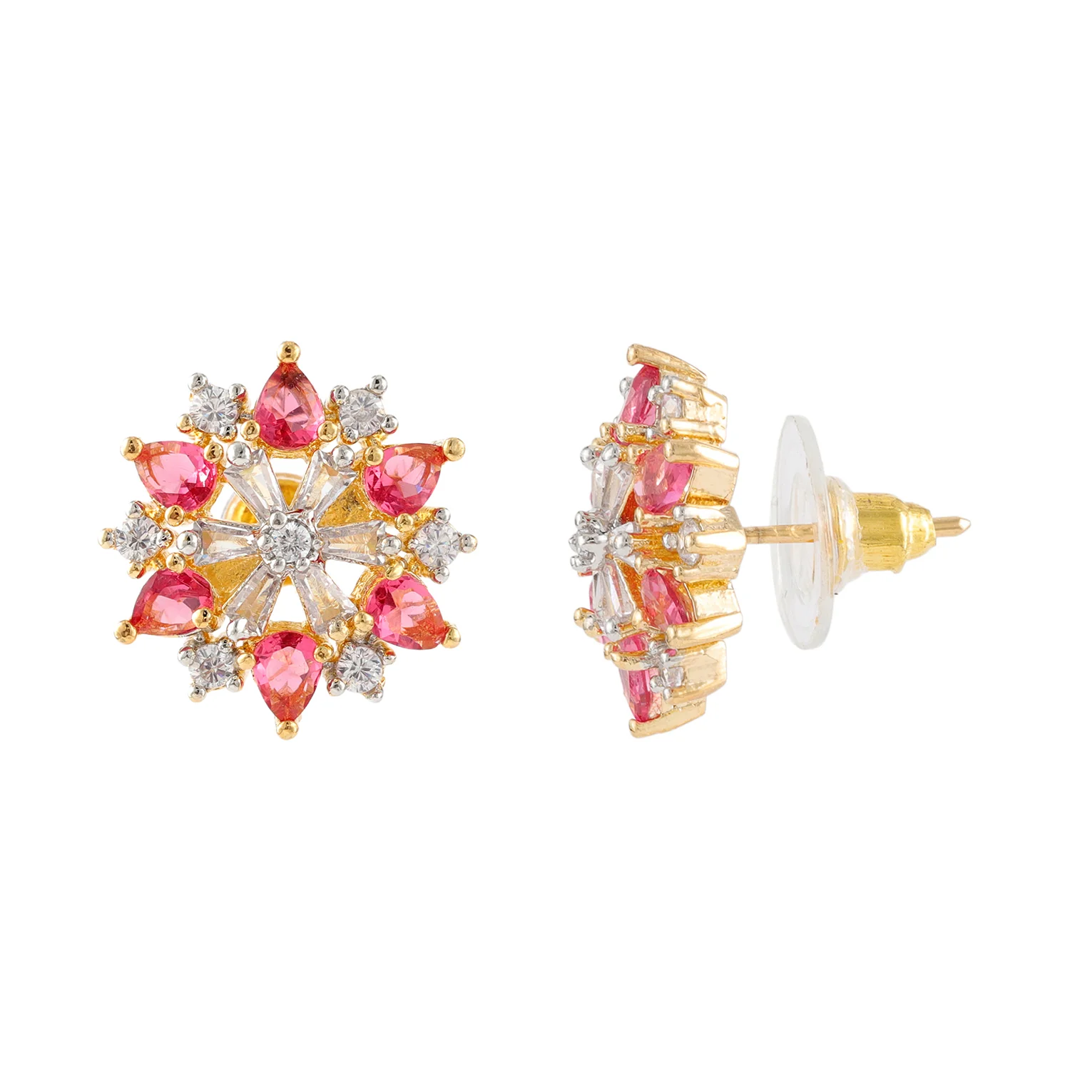 Gold Elegance Crimson Halo Bloom Stud Earrings - Image 3
