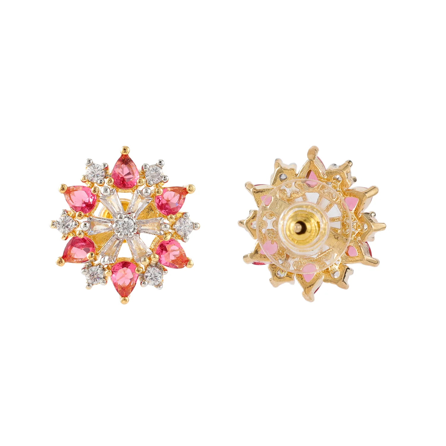 Gold Elegance Crimson Halo Bloom Stud Earrings - Image 5