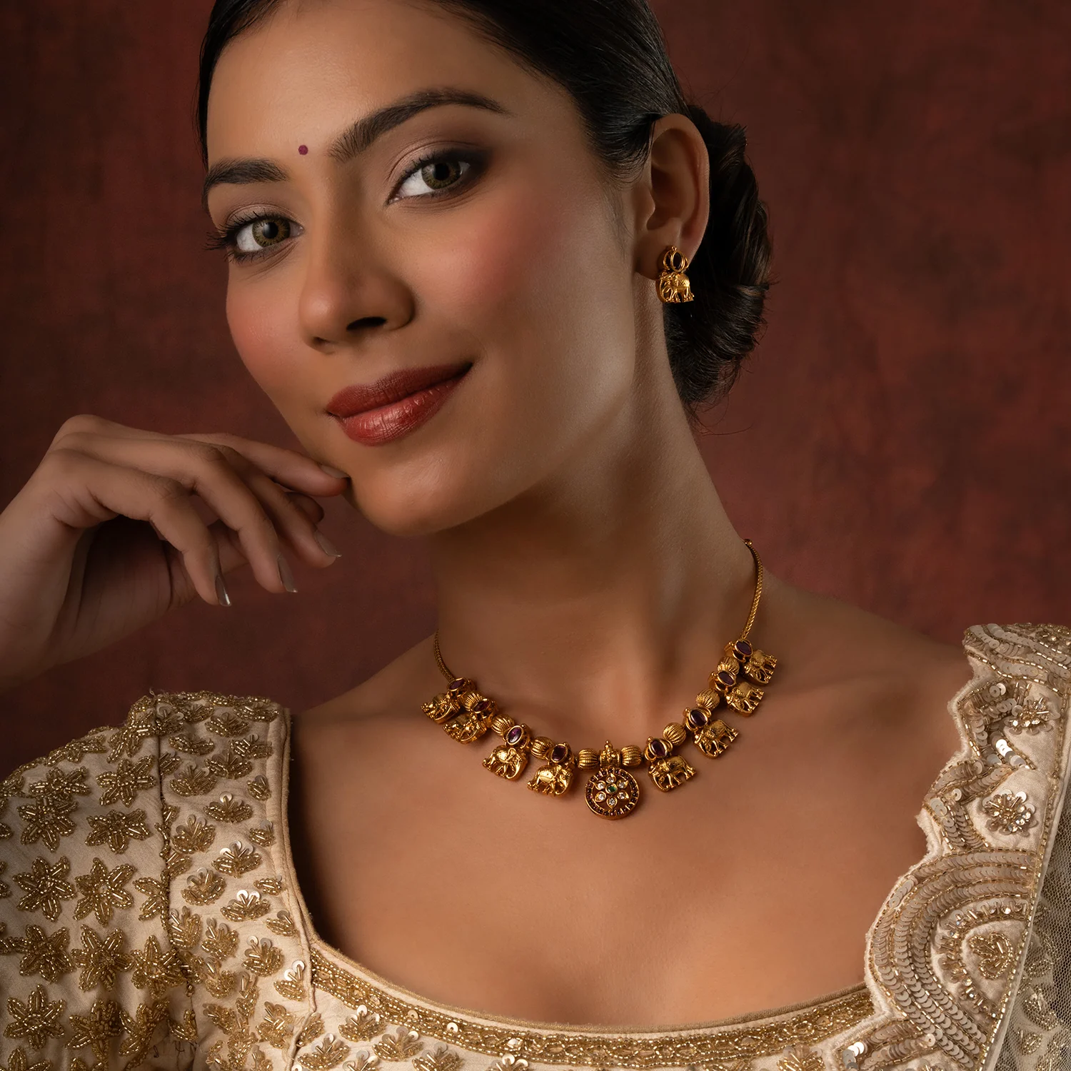 Gold Elegance Gajamukhi Necklace Set - Image 2