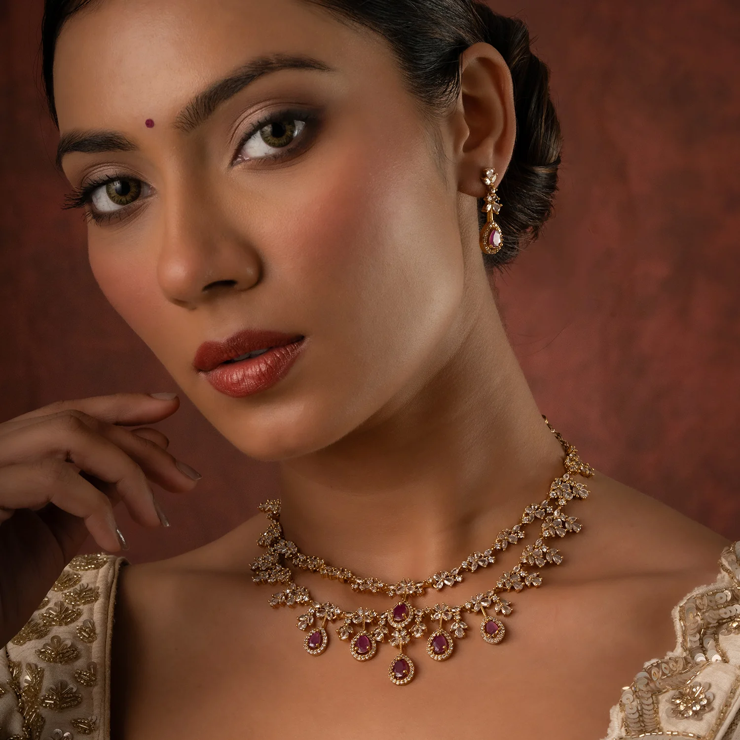 Gold Elegance Madhurima Ruby Drop Necklace Set - Image 3