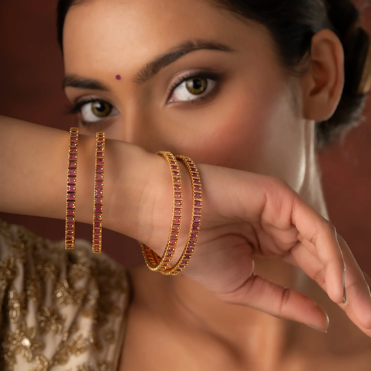 Gold Elegance Navarathna Temple Charm Bangles Set