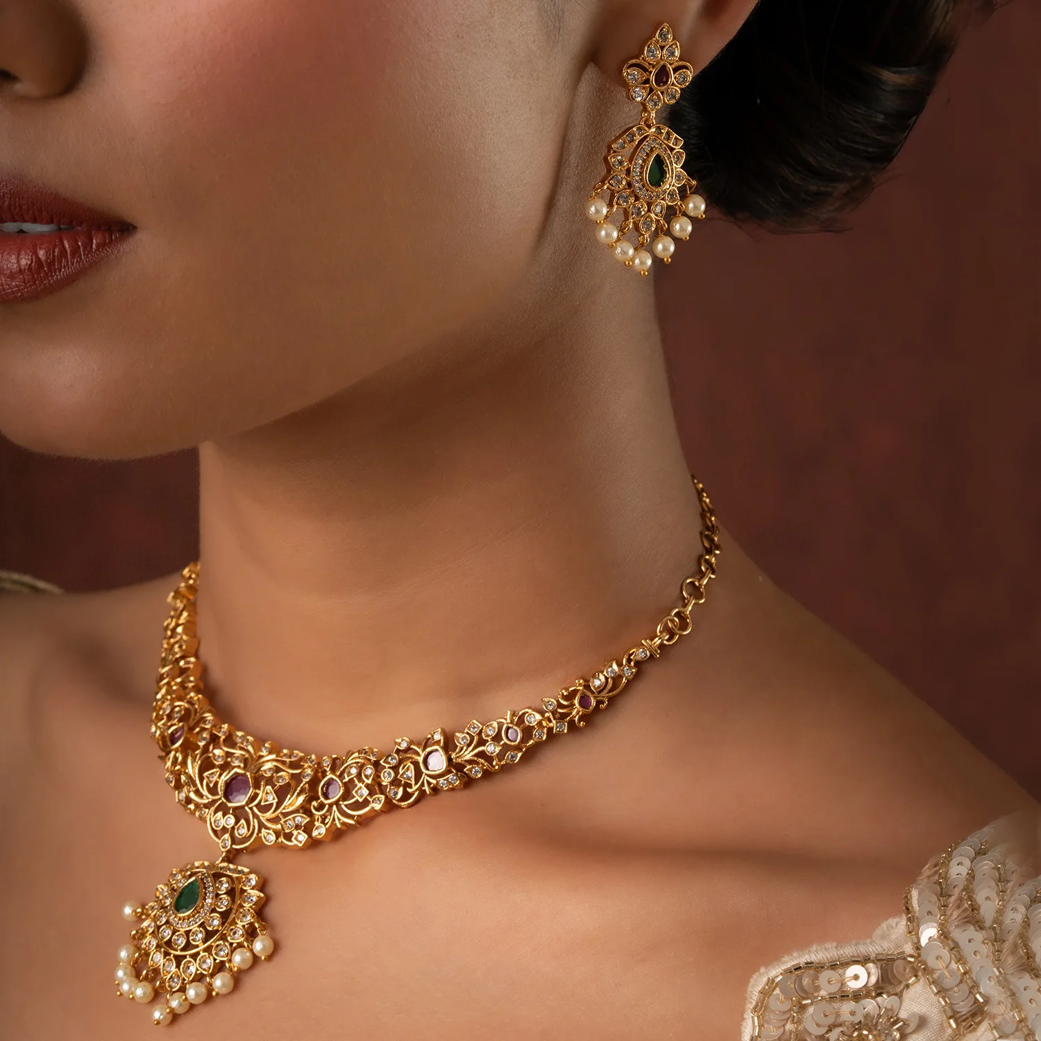Gold Elegance Padmashree Temple Pearl Necklace Set - Image 2