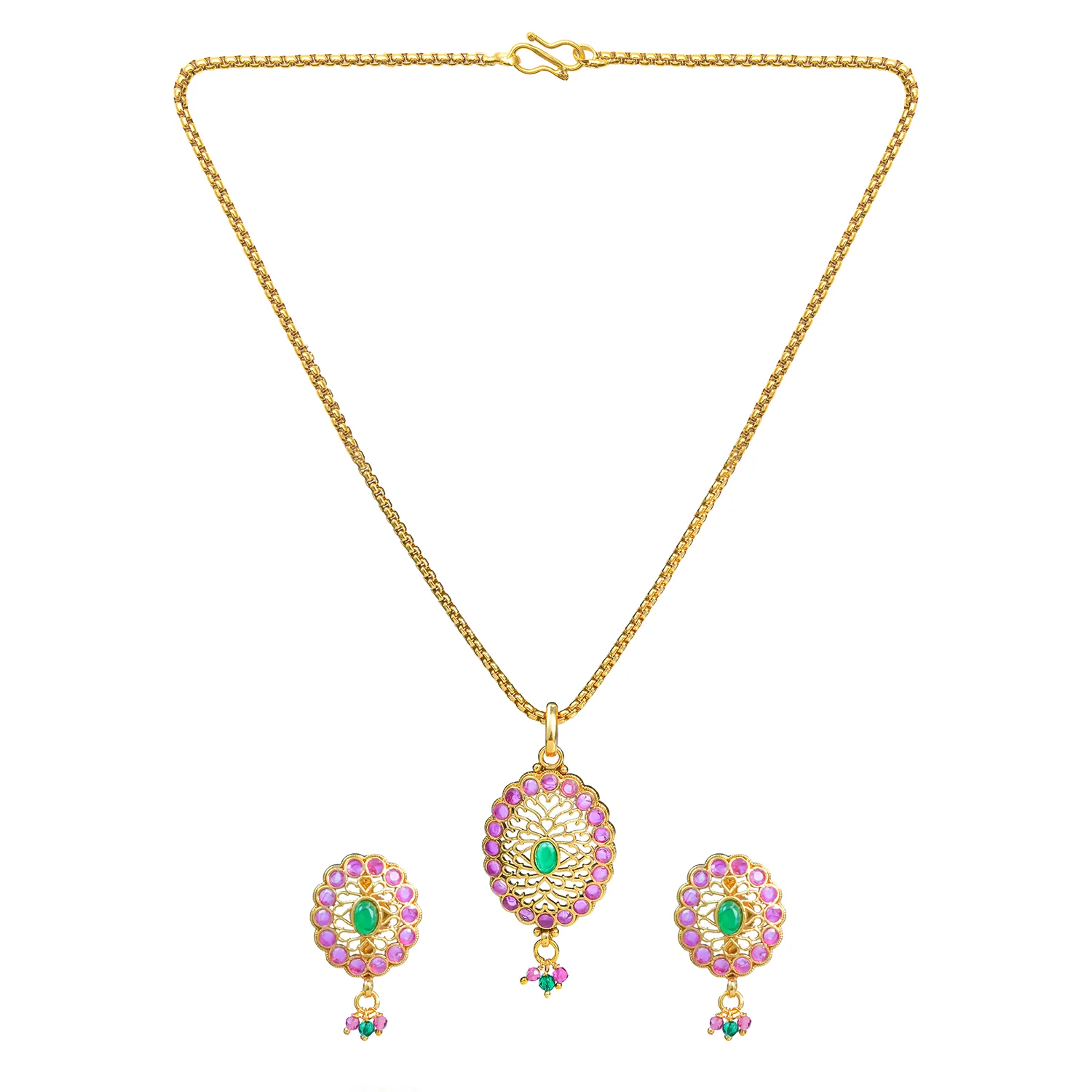 Gold Elegance Pink Blossom Traditional Pendant Set - Image 8