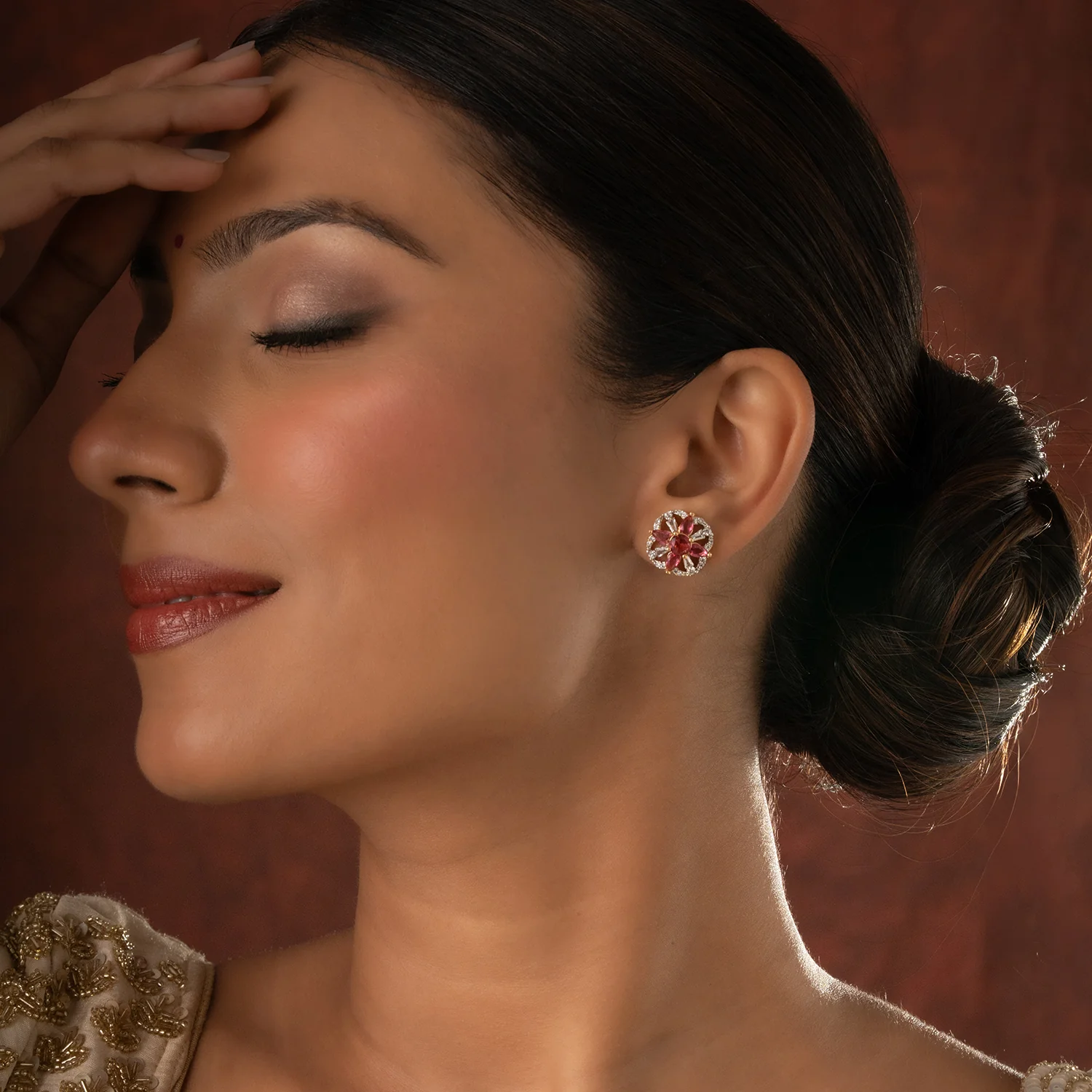 Gold Elegance Pink Starburst Cz Stud Earrings - Image 2